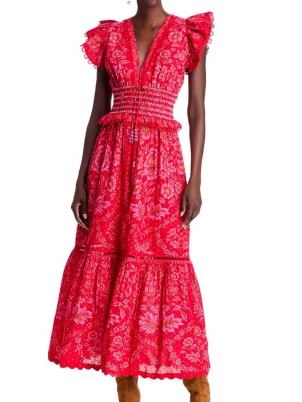 FARM Rio Red Olivia Floral Lace Smocked-Waist Maxi Dress